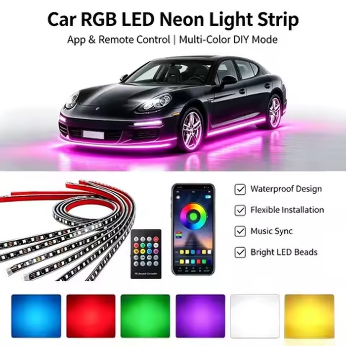 RGB Dream Color Car Underglow LED Strip Lights APP Remote Control Neon Underbody Light Auto Exterior Decorative Atmosphere Lamp