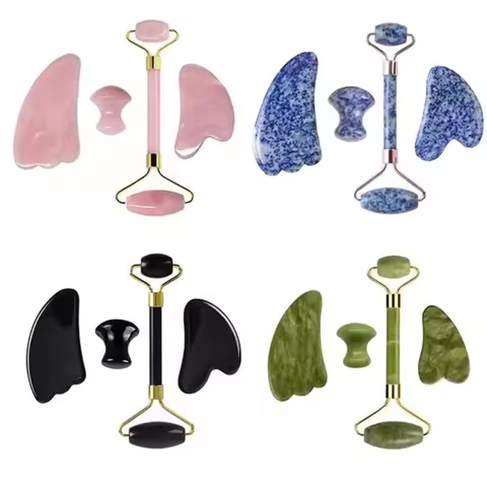 2/3/4pcs Natural Rose Quartz Obsidian Jade Roller Gua Sha Stone Set Gouache Scraper Facial Lifting Anti-Wrinkle Skin Care Tools