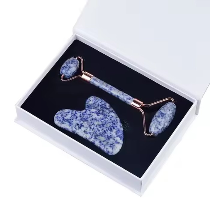 Natural Blue White Dot Jade Roller And Gua Sha Stone Set Facial Gouache Scraper Massager Lifting Anti-Wrinkle Skin Care
