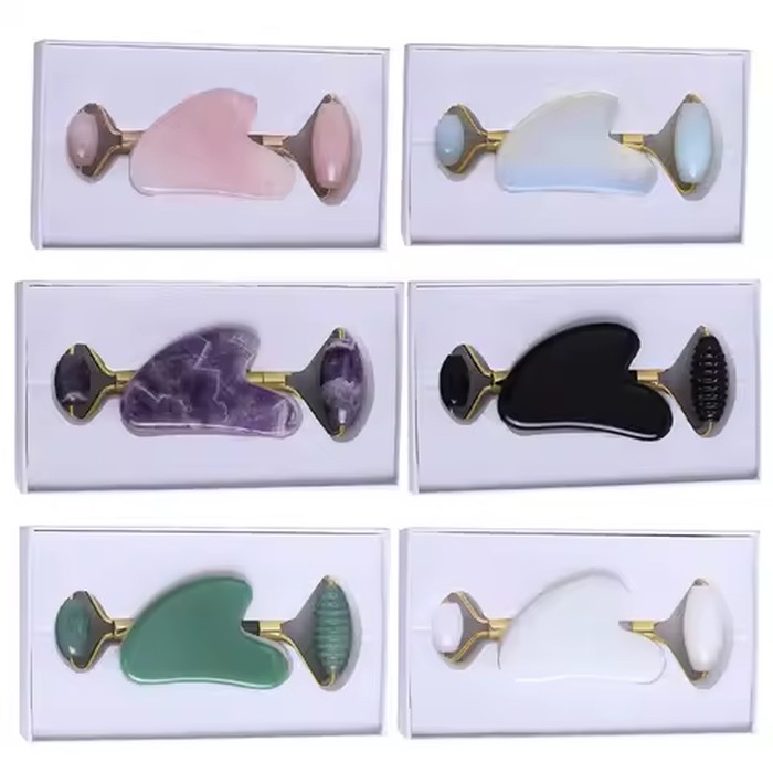 2 PC Gouache Scraper Jade Roller And Gua Sha Set Natural Rose Quartz Facial Massager Guasha Board Face Lifting Relax Beauty