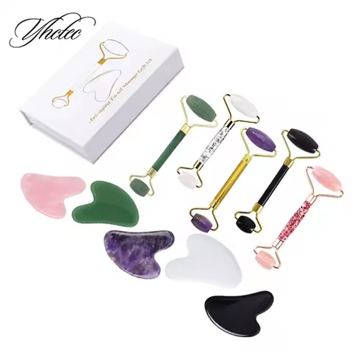 Jade Roller Facial Massager Gouache Scraper Rose Quartz Guasha Board Face Lifting Relax Beauty Set With Box