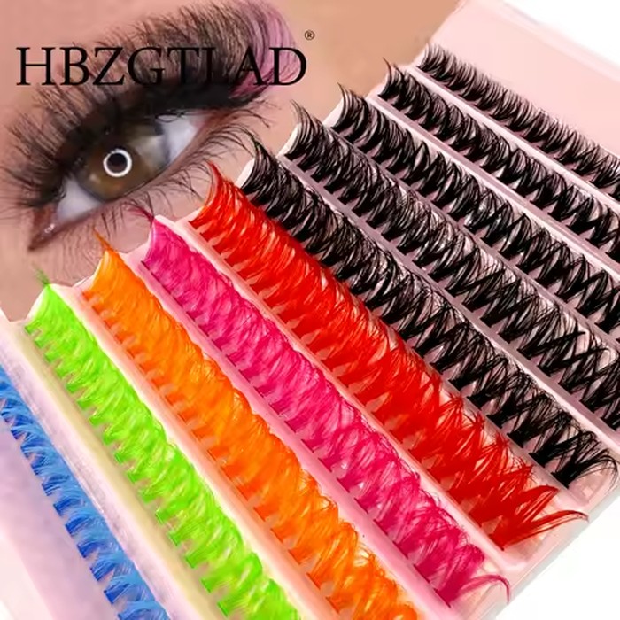 120 Clusters of 6-Color + Black Eyelash Clusters, Colored Eyelash Clusters, Individual Eyelashes, D-Roll Colored False Eyelashes