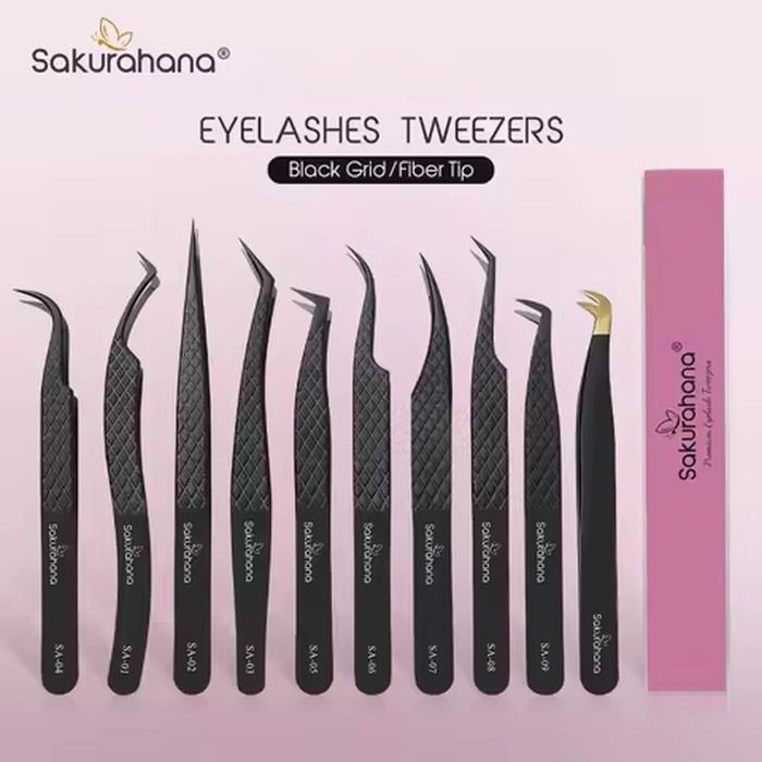 SAKURAHANA Professional Eyelash Tweezers Black Fiber Tip For Lash Extensions Mega Volume Mink Lashes Tool Makeup Artist Kit