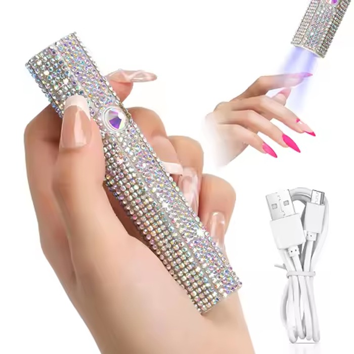 Bling Rhinestone Portable Rechargeable UV Nail Lamp Pen 20/60S Timer 5X Lens Wireless Gel Nail Dryer