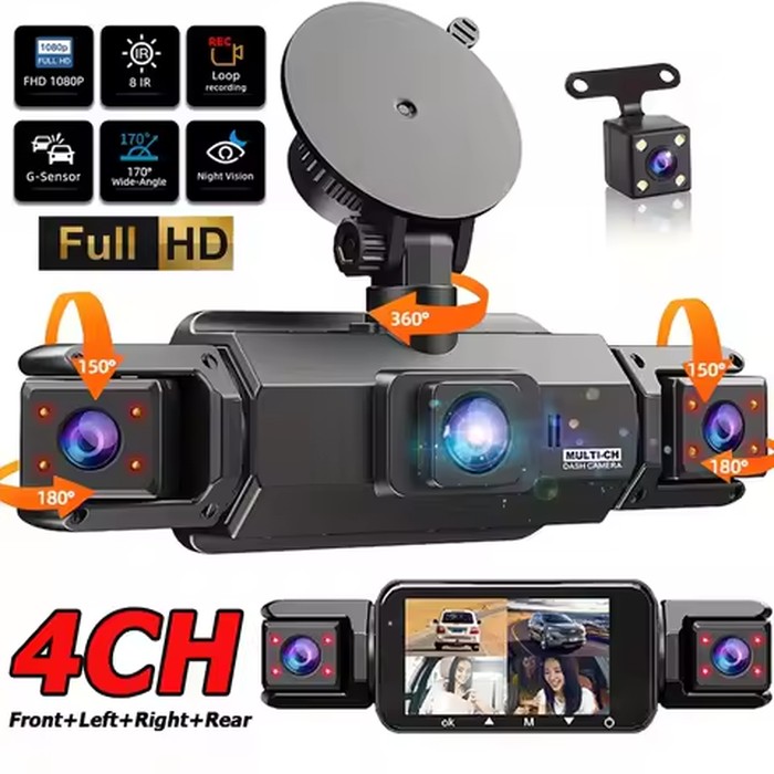 360° Car Dash Cam 4 Channel Black Box WiFi Driving Camera FHD 1080P Front Left Right Rear Night Vision Loop Recording Dashcam