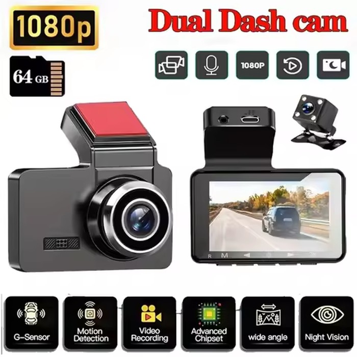 Dual Camera Dash Cam, Front/Rear Lenses, with 64GB Card, Infrared Night Vision, Wide Angle, Loop Recording, G-Sensor
