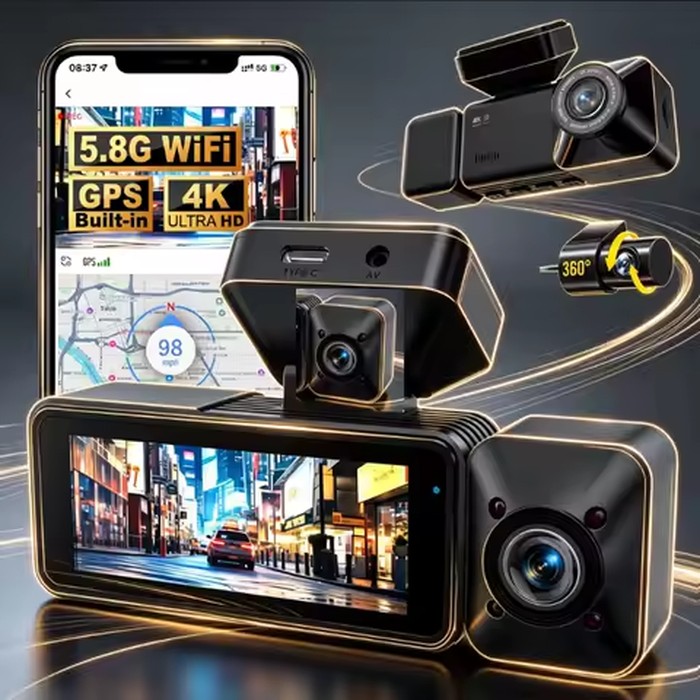 A6707 Dual Lens Dash Cam 3-Channel Front 4K + Rear 1080P + Interior 1080P HDR Supercapacitor, GPS, WiFi 24H Parking Monitor