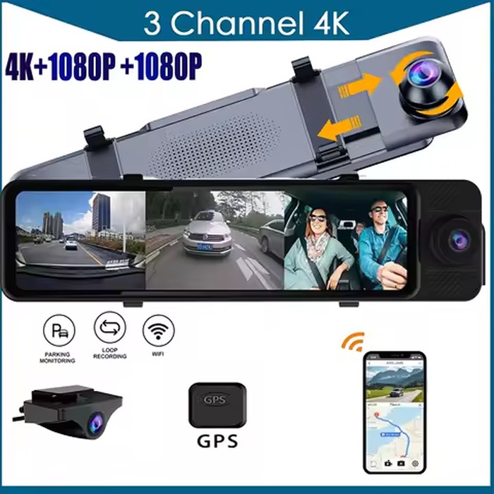 3 Channel Mirror Dash Cam with Front 4K In-Cabin & Rear 1080P Cameras Enhanced Night Vision G-Sensor & Parking Monitor WIFI GPS