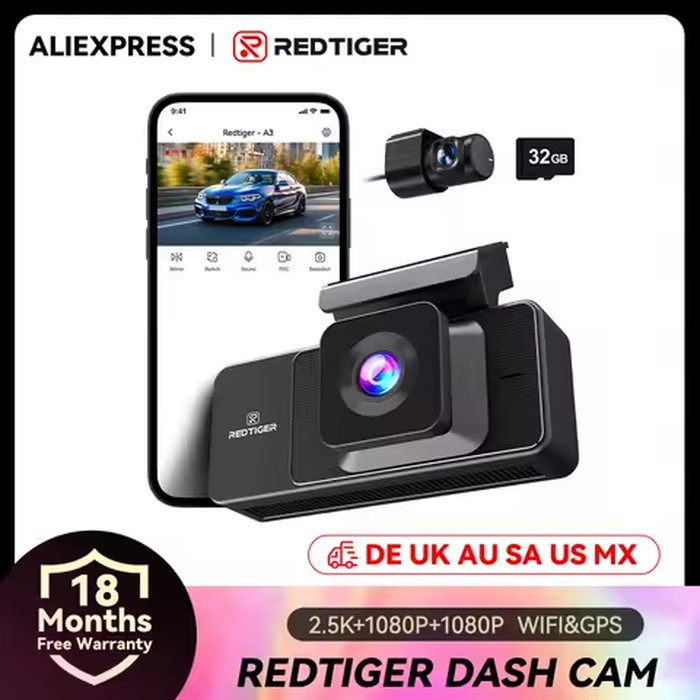 REDTIGER A3 3 Cameras Front/Cabin/Rear Cam Dash Cam Dash Camera Built-in 5.8Ghz WiFi GPS Car DVR Night Vision Parking Monitor