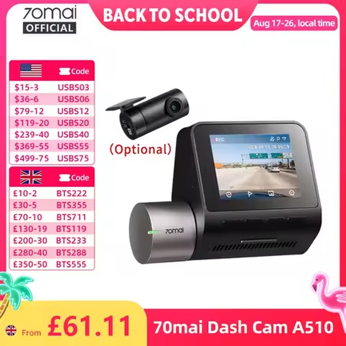70mai Dash Cam A510 1944P HDR GPS ADAS 4G Connectivity 70mai 4G Front Cam A510 Car DVR 24H Parking Support Rear Cam