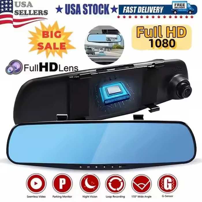 Dual Camera Dash Cam Front Rear Lenses Rearview Mirror Cam 64GB Card Night Vision Wide Angle Loop Recording Car DVR