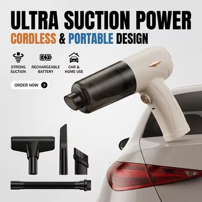 Cordless Handheld Car Vacuum Cleaner Strong Suction Type‑C Rechargeable 3‑in‑1 Suction Blow Inflate Vacuum Cleaner with LED Dust Light for Car Home Use