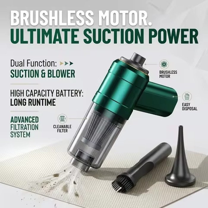 Brushless Wireless Car Vacuum Cleaner 4‑in‑1 Blow Suction Inflate Deflate Handheld Mini Vacuum Gun High Suction Power Rechargeable For Car Household Use