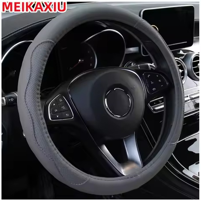 38cm PU Fiber Leather Steering Wheel Cover Embossed Style round Car Decorations Accessory with Inner Ring for All Seasons