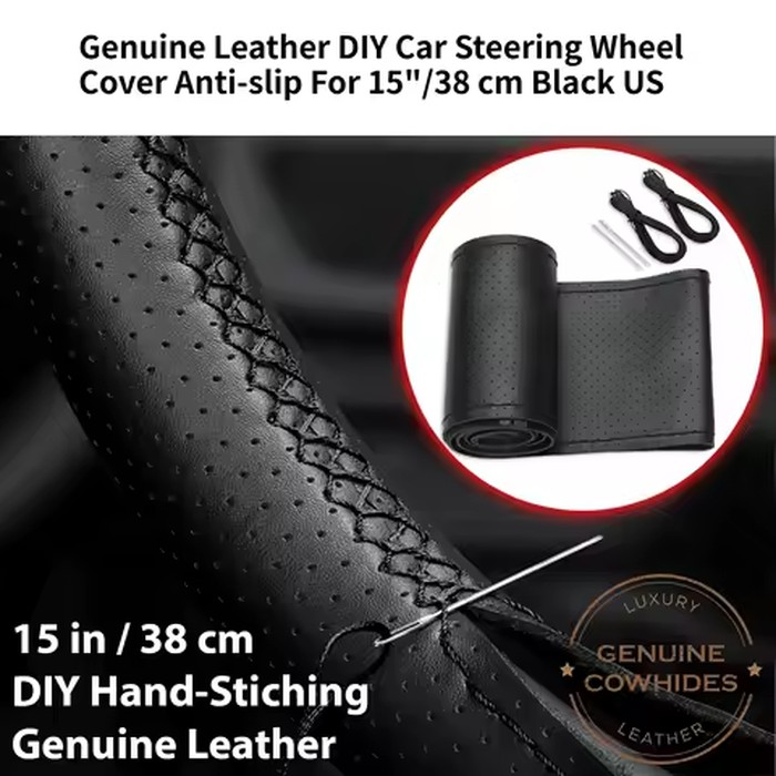 Genuine Leather DIY Car Steering Wheel Cover Anti-slip For 15"/38 cm Black US