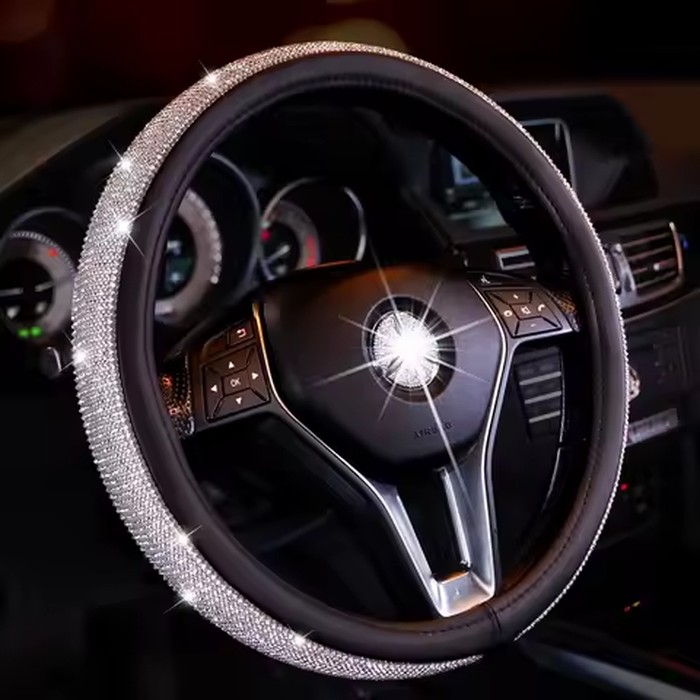 Bing Bling Shiny Car Steering Wheel Cover PU Leather Crystal Rhinestone Steering-Wheel Covers for Women Girls Auto accessories