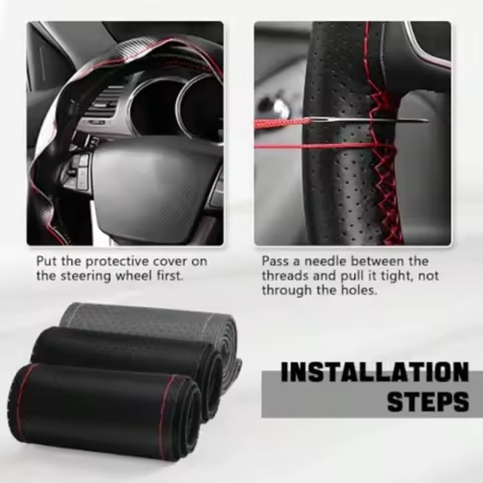 Leather Steering Wheel Cover Stitch On Wrap 15 Inch Steering Wheel Wrap Universal For Car Truck SUV Breathable Anti-Slip DIY Sewing With Needle Thread Black+Red