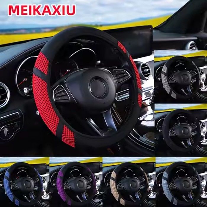 1 breathable checkered ice silk leather new car steering wheel cover without inner rim for 14.5-15 inch car interiors