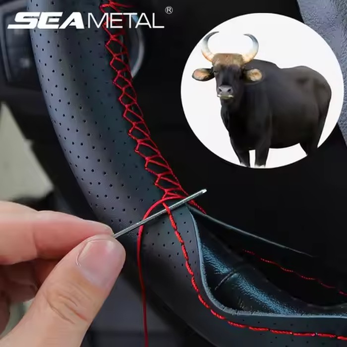 SEAMETAL Genuine Leather Steering Wheel Cover 37-38cm Universal DIY Braided Car Steering Wheel Protector with Needles and Thread