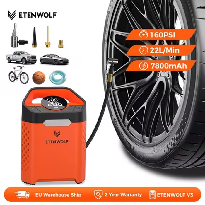 ETENWOLF V3 Portable Tire Inflator Pump 160 PSI Car Compressor 100% Duty Cycle Tire Inflator Pump 7800mAh Air Pump For Cars Motorcycles Bicycles Power Bank
