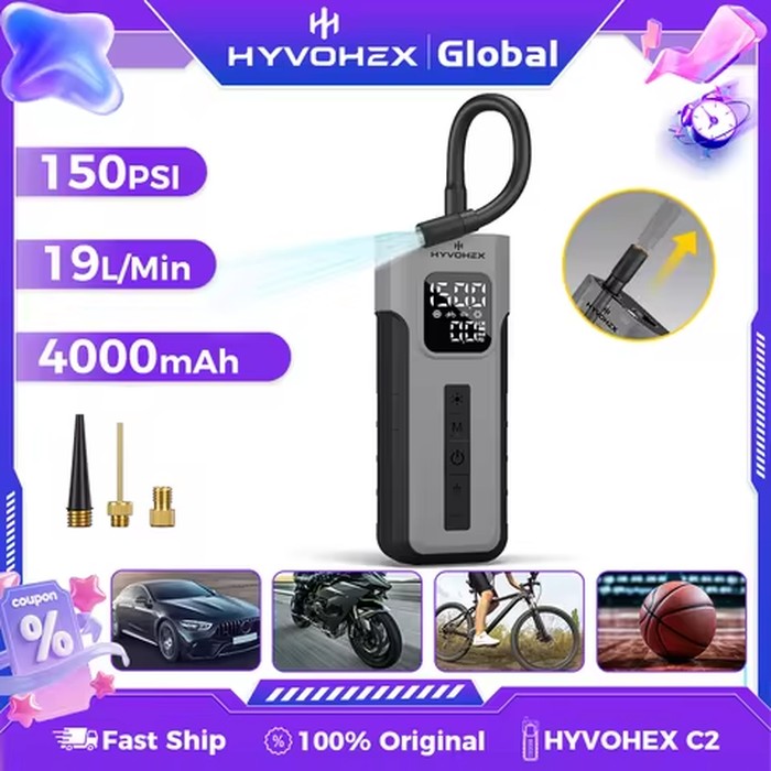 HYVOHEX C2 Cordless Tire Inflator Pump 100% Duty Cycle 4000mAh Car Air Compressor for Cars Motorcycles Balls LED Light