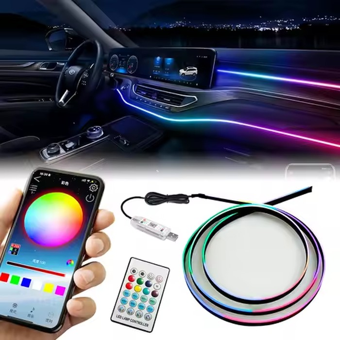 140cm USB Dreamcolor Acrylic Interior Car LED Strip Light with Wireless APP 55’‘RGB Music Fiber Optic Car Ambient Lighting Kit