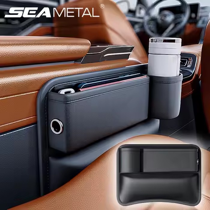 SEAMETAL Car Seat Gap Organizer with Cup Holder Wear-Resistant PU Leather Center Console Storage Bag Universal Seat Gap Filler