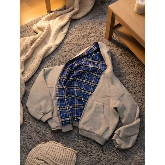 Winter Casual Plaid Print Hoodie Women's Warm Zip-Up Double-Sided Wear Sweatshirt Female Fashion Trendy Loose Hooded