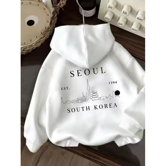 Unisex Oversized Pullover Hoodie Seoul South Korea City Skyline Graphic Casual Streetwear Long Sleeve Fleece Sweatshirt Autumn