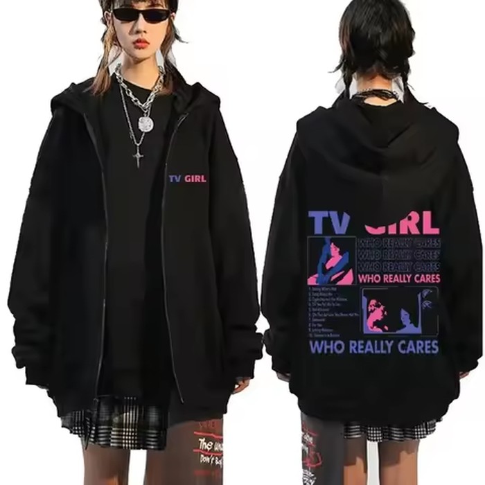 TV Girl Who Really Cares Print Zip Up Hoodie Unisex Oversized Black Streetwear Jacket