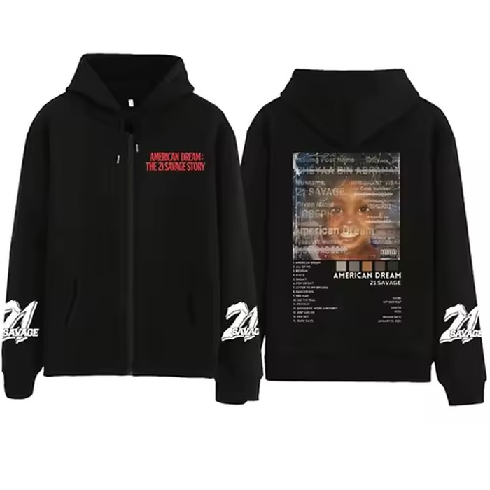 21 Savage Story American Dream Zipper Hoodie Harajuku Pullover Tops Sweatshirt Streetwear Fans Gift Unisex