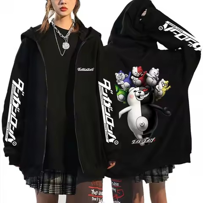 Anime Danganronpa Monokuma Merch Zipper Hoodie Men Women Clothing Manga Retro Oversized Zip Up Jacket Unisex Cosplay Streetwear