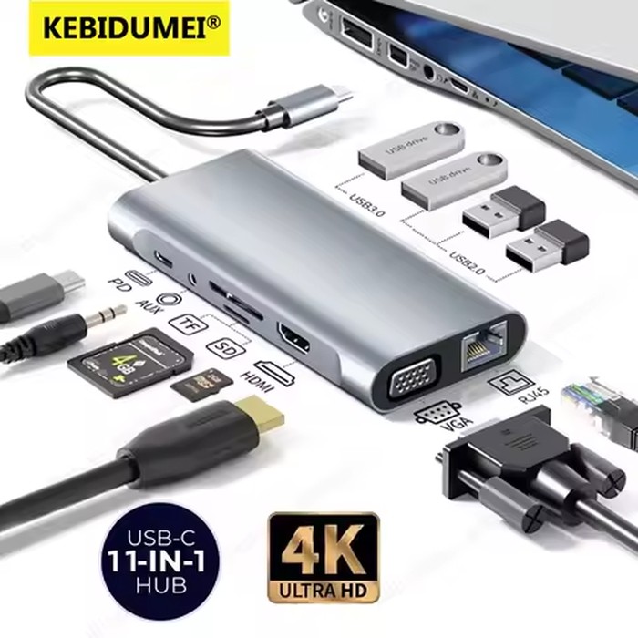 KEBIDUMEI 11 Ports USB C HUB Docking Station RJ45 Adapter to HDMI-Compatible 4K VGA SD/TF Card 3.5MM AUX for PC Laptop Splitter
