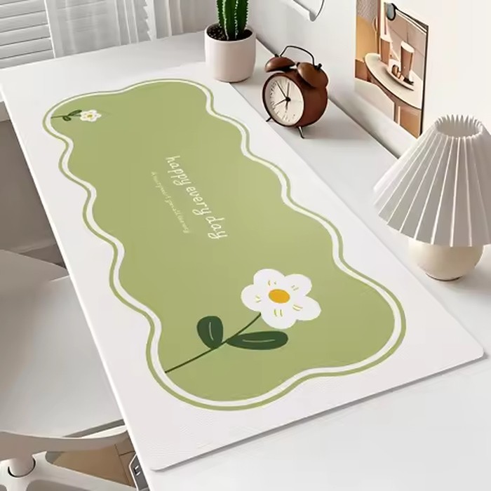 JLT Heavy Duty Green Daisy Pattern Faux Leather Desk Pad Round Corner Large Mouse Mat Home Office Use