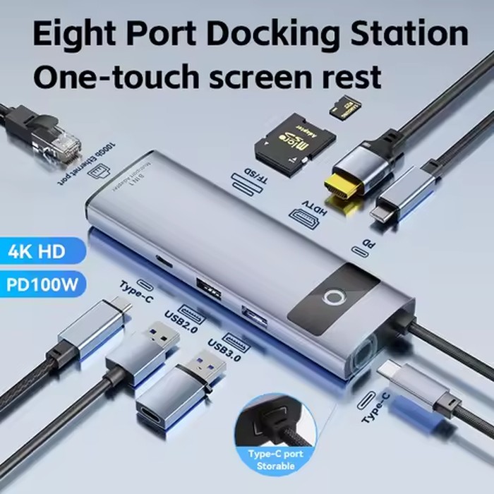 Type C 8-in-1 4K HD USB C Hub to Ethernet Port PD 100W Adapter for SD TF Card HDTV Macbook Pro USB 3.0 Hub Laptop Accessories