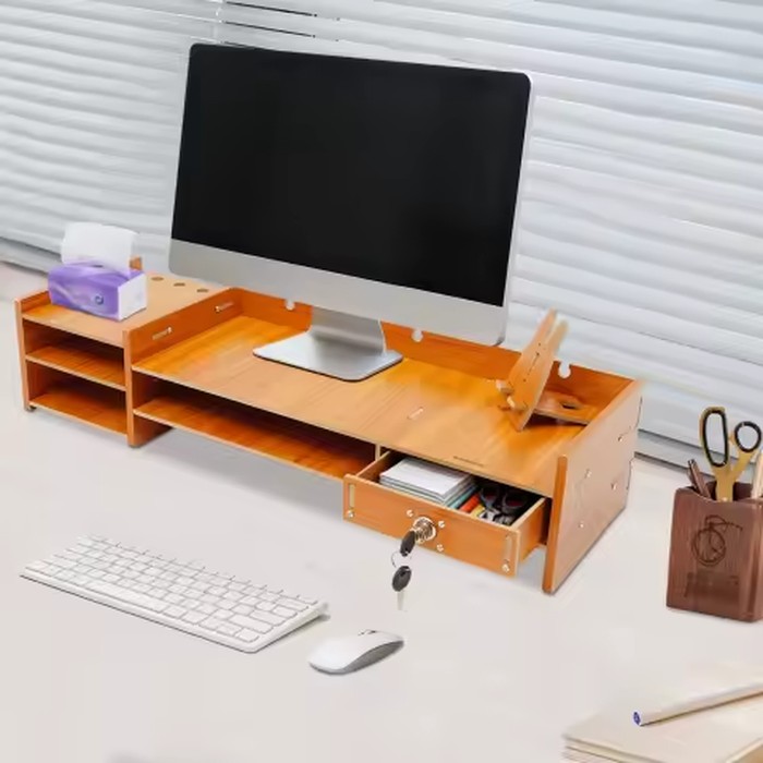 Wood Space-Saving Computer Monitor Stand with Phone Holder 2 Keys Heightened Guardrail Open Compartments for Storing Computer Monitors, Files, Notebooks