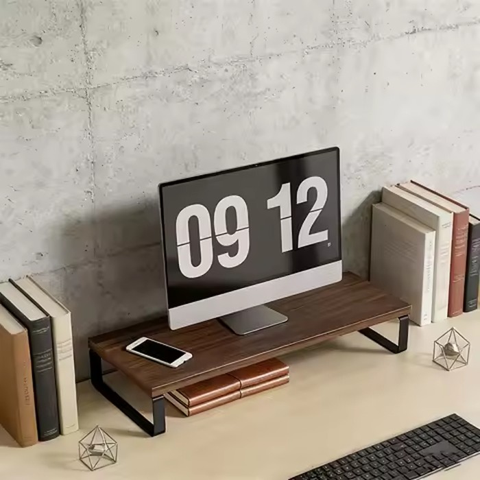Industrial Style Wood Top Monitor Stand Riser with Metal Frame, Desktop Organizer for Keyboard Storage, Space-Saving Computer El