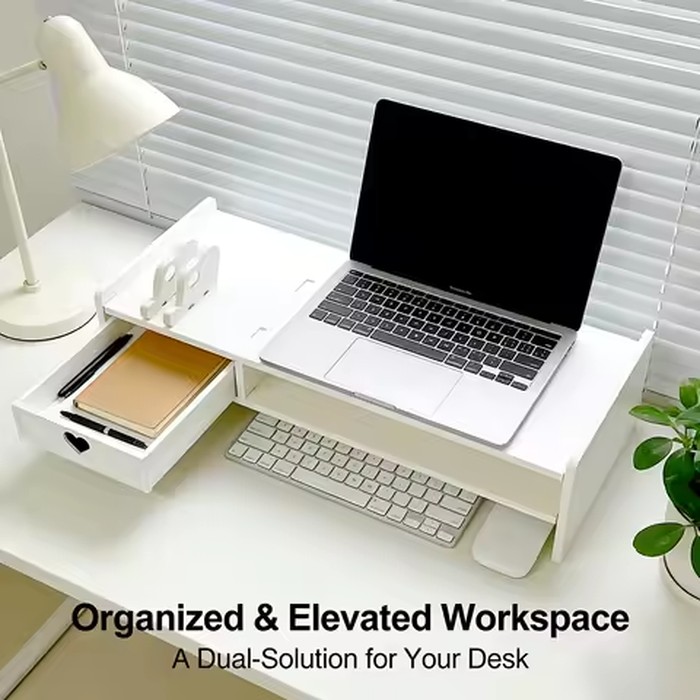 2-Tier Monitor Stand Riser with Drawer, Desktop Heightening Holder, Computer Screen Shelf, Desk Storage Organizer for Space Savi