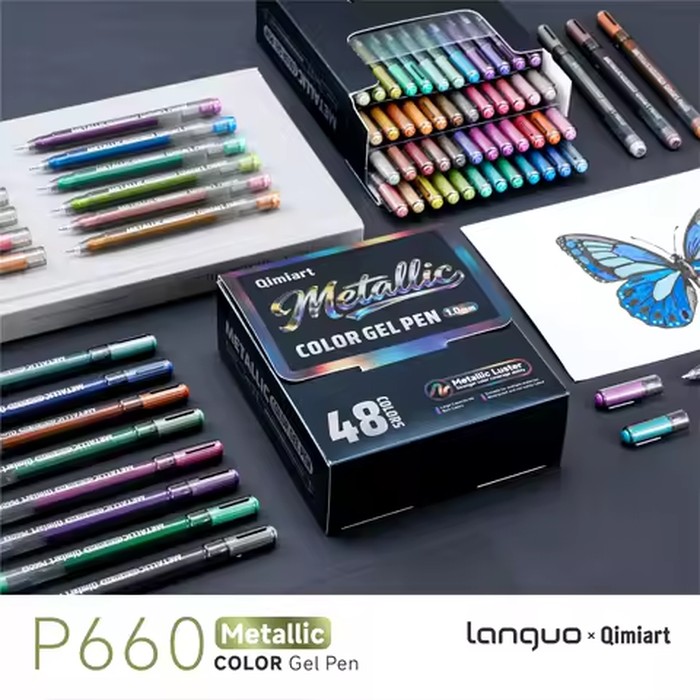 LANGUO 48Colors Metallic Glitter Colors Gel Pens Set 1.0mm Metal Glitter Ballpoint Pen For School Coloring Drawing Art Markers