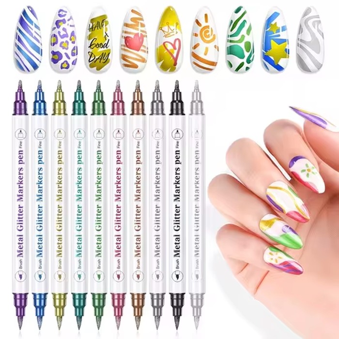 10 Color 3D Nail Pen Set, Double Headed Metal Nail Tip Graffiti Point Pen, Quick Drying Long Lasting Acrylic Paint Pen