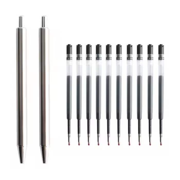 Metal Gel Pen Stainless Steel Push style Gel Pens 0.5mm Blue Black Ink Student School Stationery Supplies Silver Pen