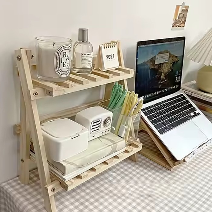 2 Tier Wooden Desktop Organizer Shelf Space Saving Office Storage Rack for Stationery Books Plants Desk Display Stand Home Dorm