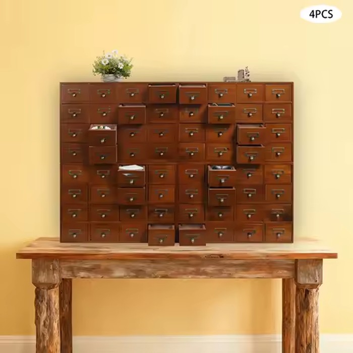 4 Pack 16 Drawer Cabinet Vintage Wooden Storage Cabinet Tabletop Storage Cabinet Rustic Desk Drawer Organizer Wooden Sorting Box for Cosmetics Jewelry Herbal