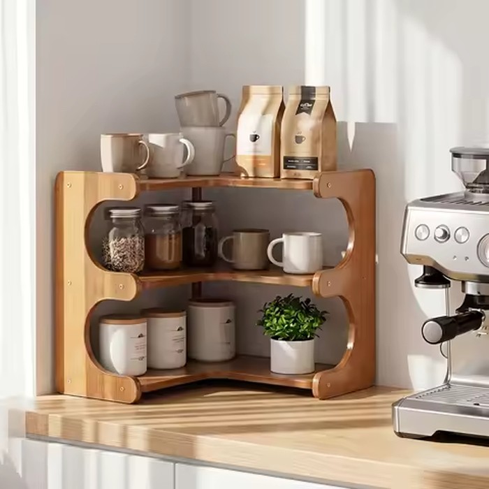 Freestanding Wood Corner Organizer Shelf, Space Saving Drill-Free Multi-Tier Storage Rack, Sturdy Washable Display Shelving for Bathroom Kitchen Living Room Study Home Decor