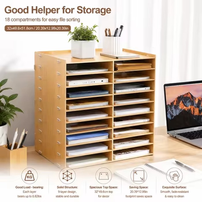 9-Tier 18 Compartments Golden Oak Wood File Literature Organizer Desk Floor Large Mailbox Center Keeper A4 Document Book Magazine Storage Bookshelf Sturdy Load Bearing Easy Assembly Space Saving for Home Office School Classroom Study