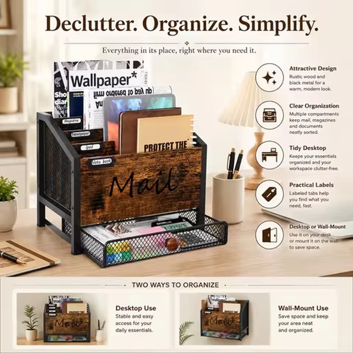 Farmhouse Desktop Mail Sorter with Mesh Storage Drawer, Multi Slot Paper Letter Magazine Organizer, Wooden Metal Desk File Organizer for Office Supplies