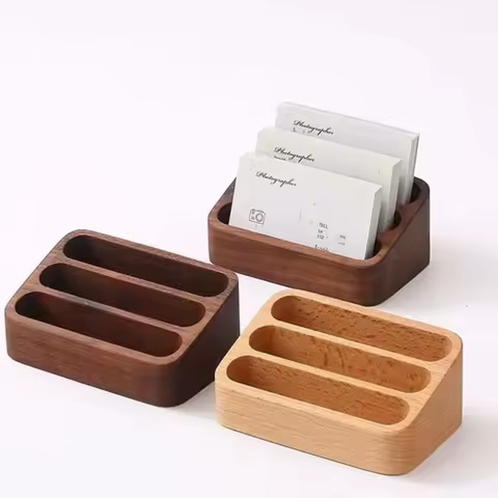 1Pcs Wooden Desktop Business Card Holder 3 Compartment Storage Box For Office Supplies Desk Accessories Organizer