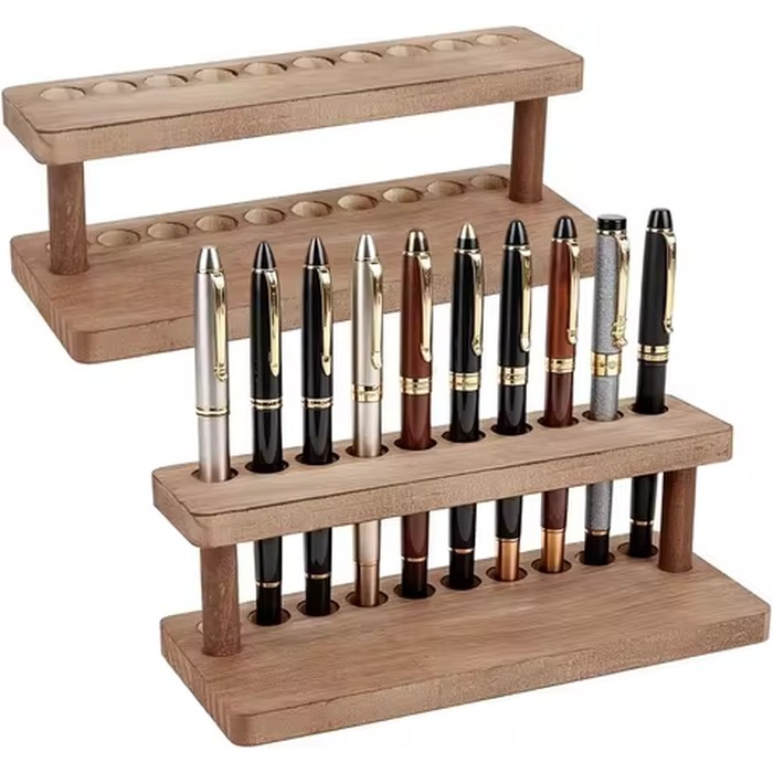 10-Slot Wood Pen Display Stand Coconut Brown Solid Wood Vertical Desk Organizer with Hardwood Finish Fountain Pen Holder