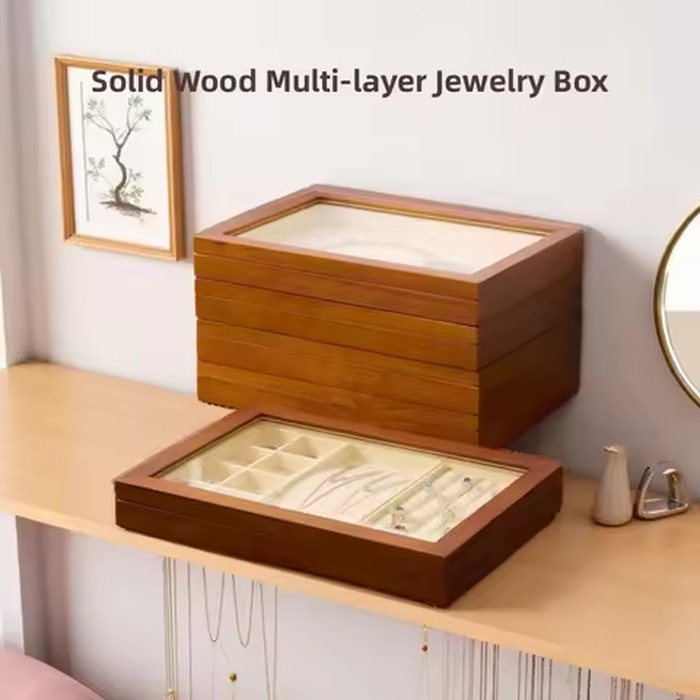 MISHITU Solid Wood Jewelry Storage Box Earrings Necklace Pendant Ring Window Display Box Organizer Jewelry Display Storage Trays