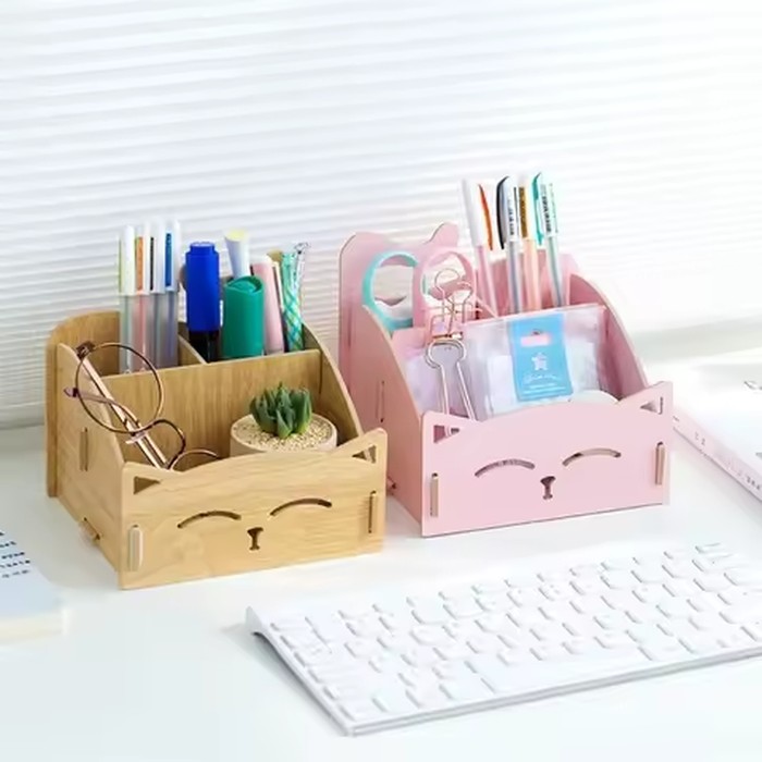 1Pc DIY Wooden Assemble Cute Cat Pen Pencil Holder Cosmetic Holder Desk Organizer for Home Office